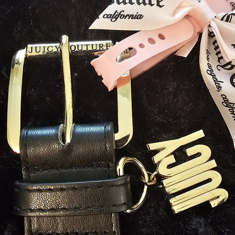 Juicy Couture Black Belt with Gold Buckle and Pink Ribbon